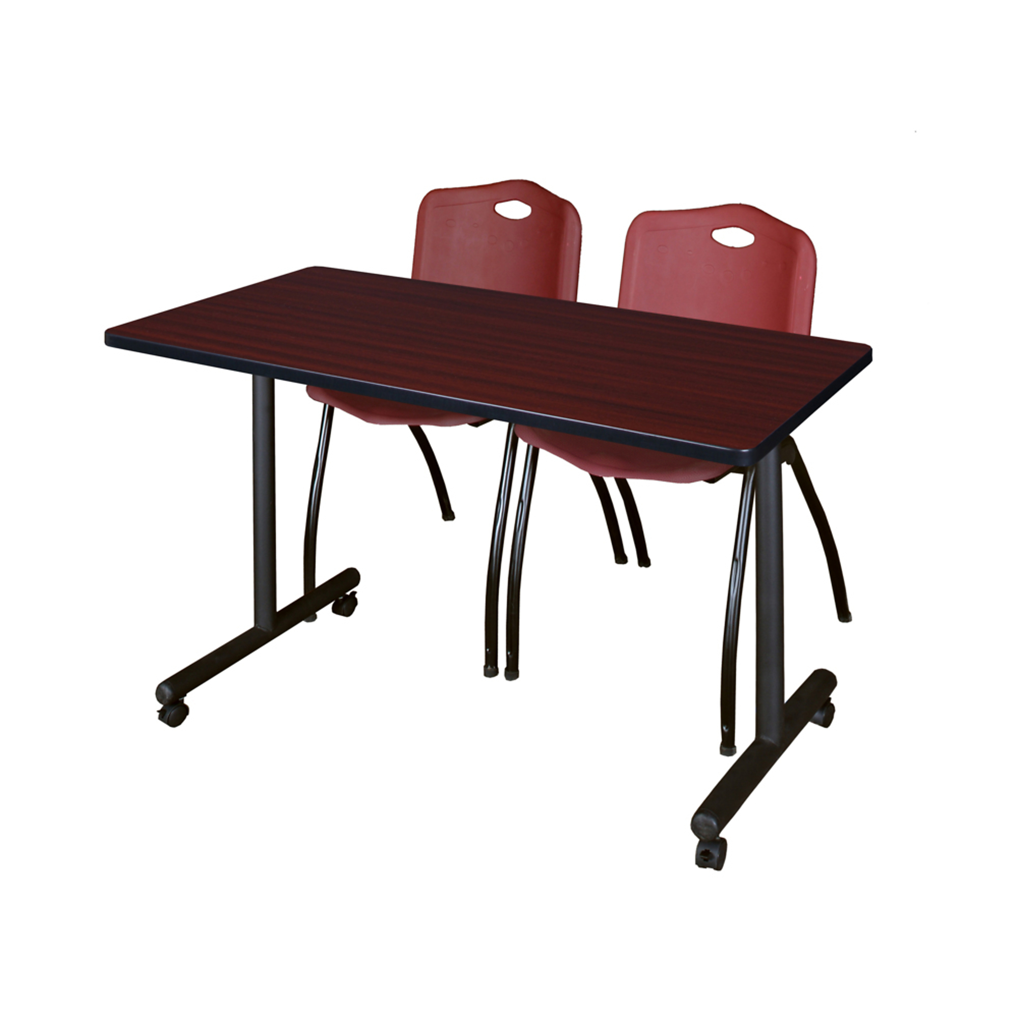 Regency Kobe Mobile T-Base Training Table — 48in. x 24in., Mahogany/Grey, Includes 2 Burgundy Stack Chairs, Model# MKTRCC4824MH47BY